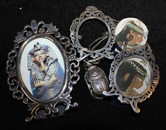3 Egyptian silver photo frames and enamel charm etc